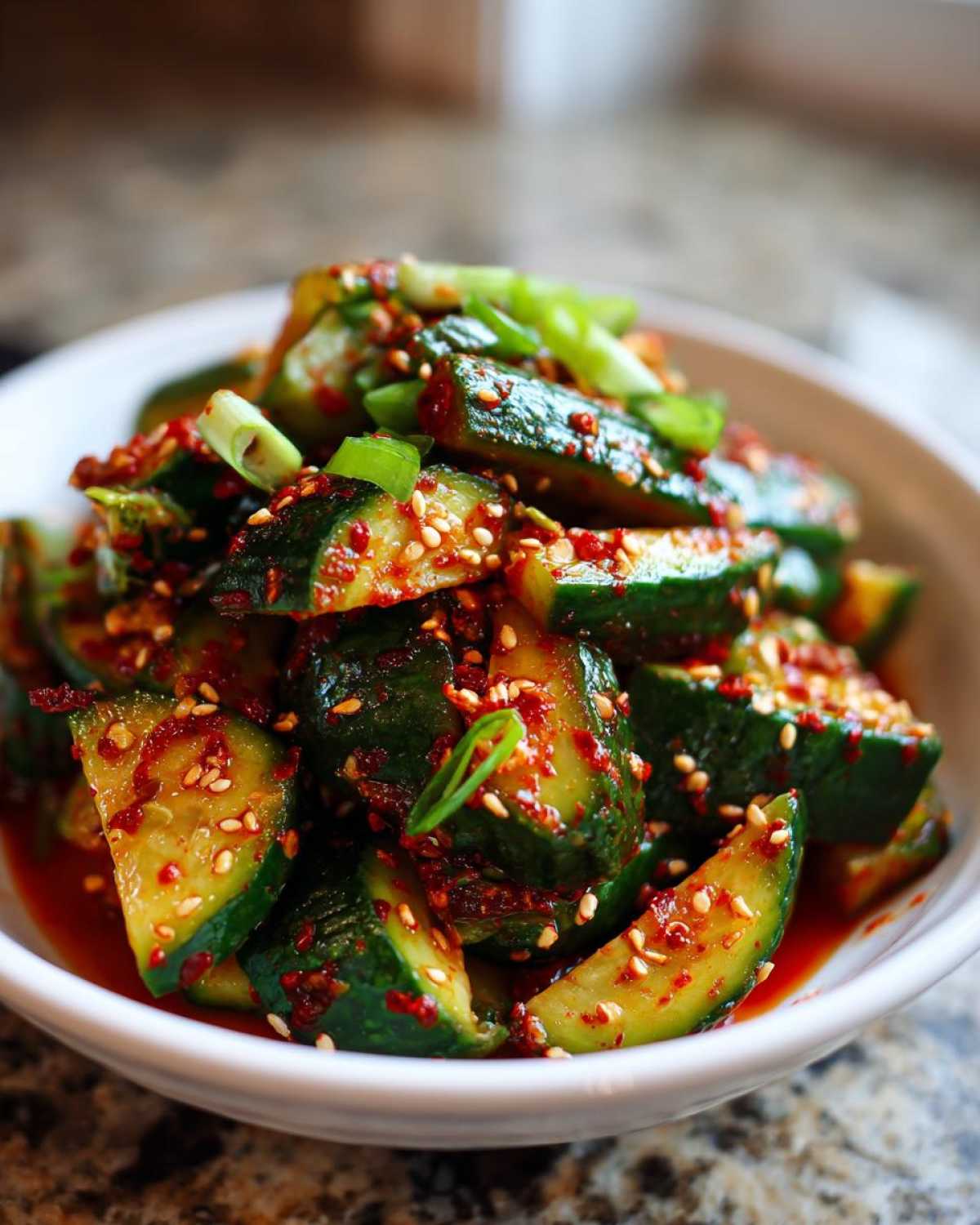 Close-up of a bowl filled with vibrant Korean cucumber salad, garnished with green onions and sesame seeds.