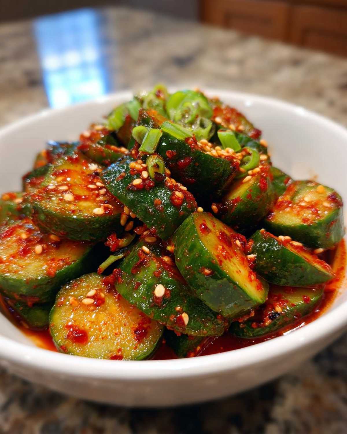Close-up of a white bowl filled with spicy Korean cucumber salad, garnished with green onions and sesame seeds.