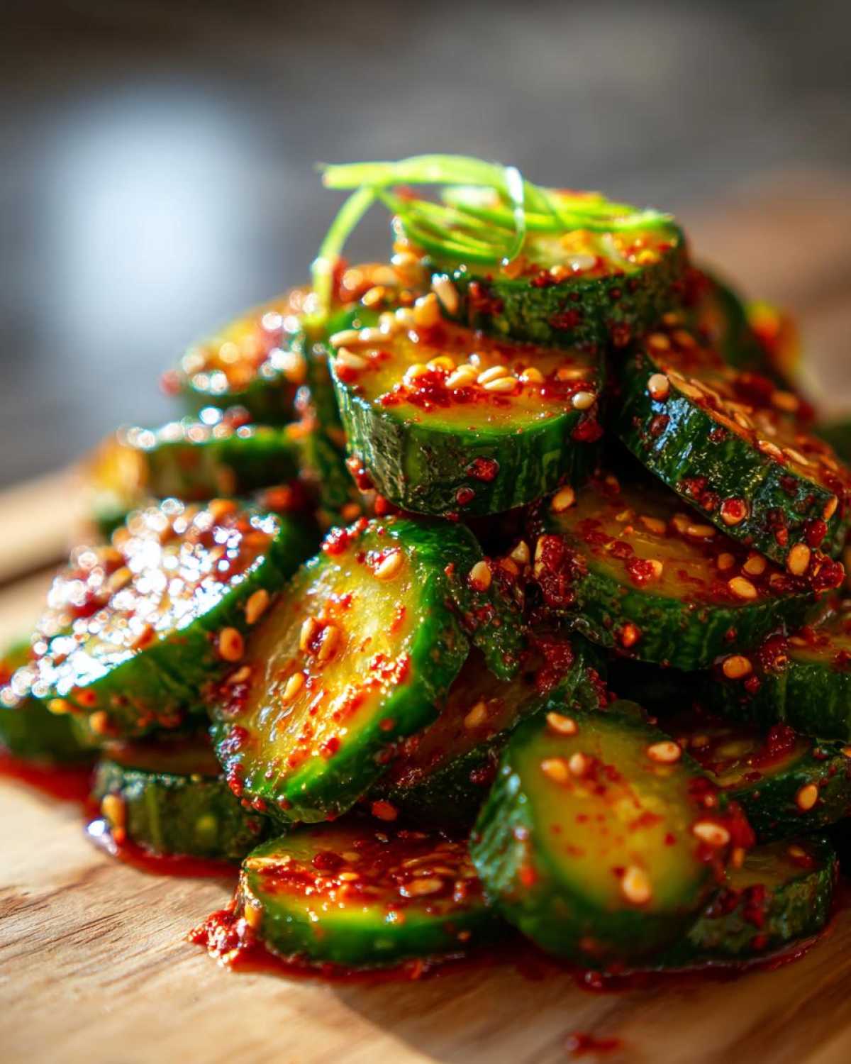 Close-up of a pile of sliced cucumbers coated in a vibrant red spicy sauce with sesame seeds and green onions, showcasing a delicious korean cucumber salad.