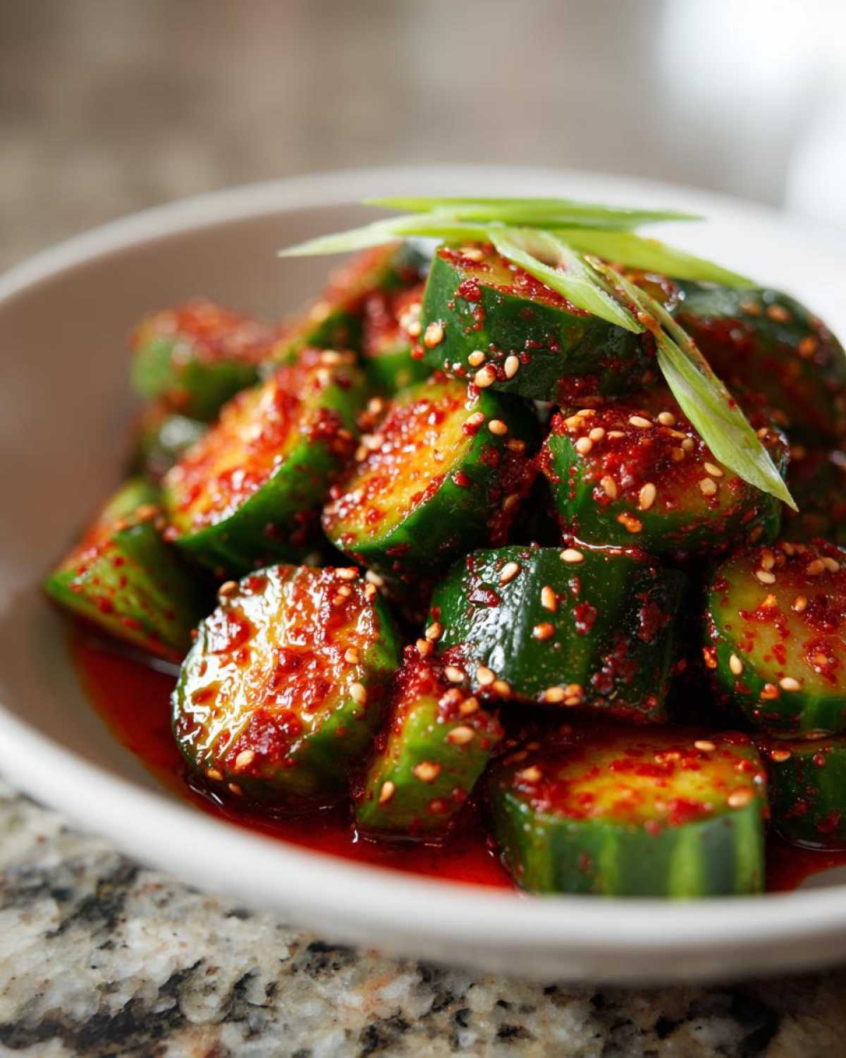 Close-up of a bowl of spicy Korean cucumber salad, garnished with green onions and sesame seeds.