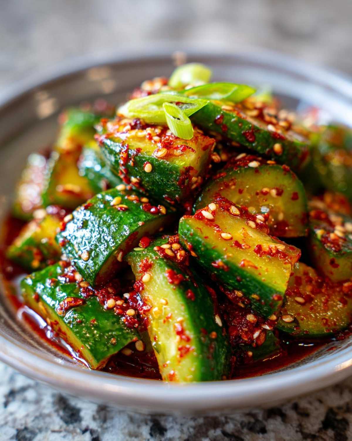 Close-up of a bowl filled with vibrant green slices of korean cucumber salad, coated in a red spicy sauce and garnished with sesame seeds and green onions.
