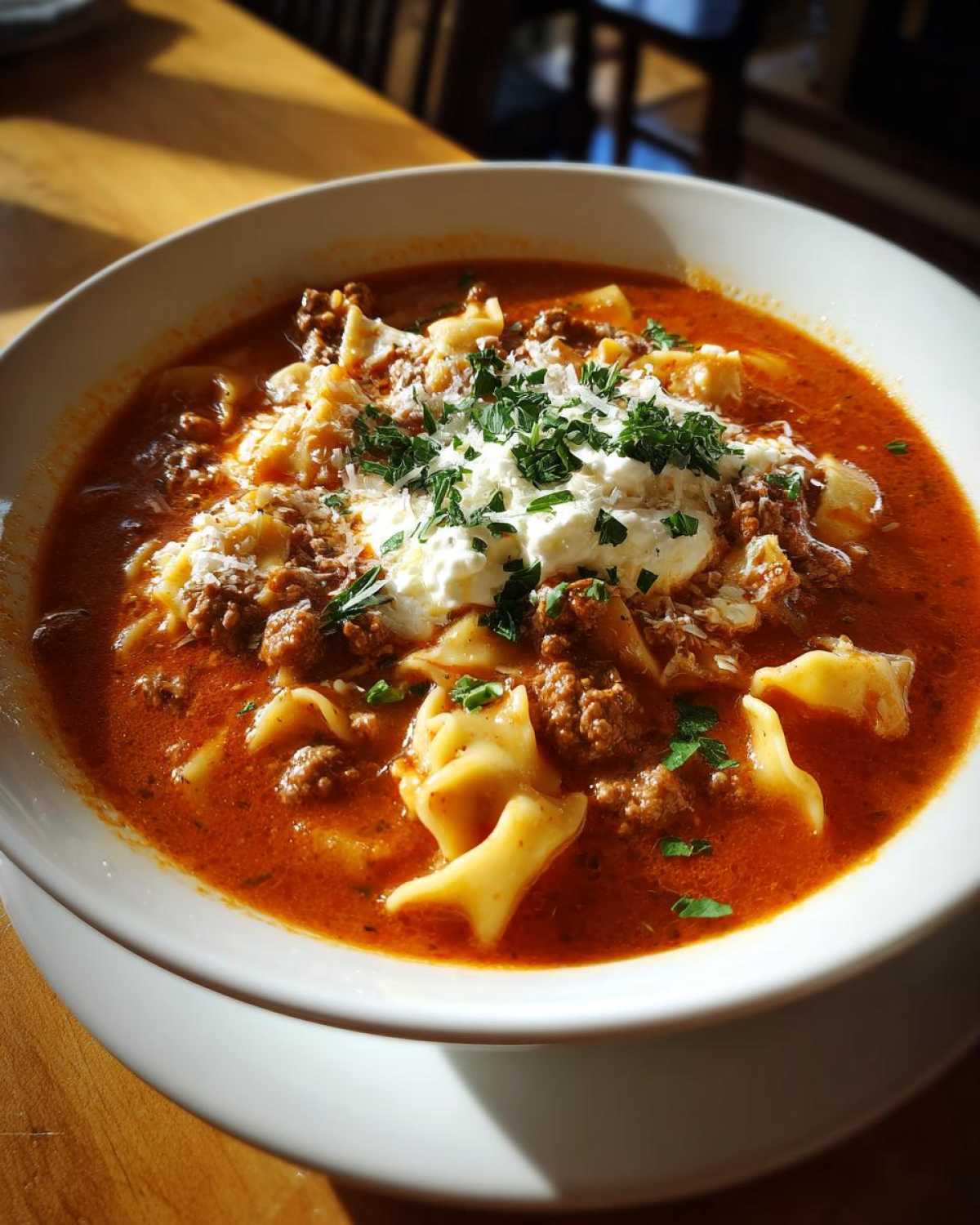 A bowl of lasagna soup, topped with ricotta cheese, parmesan, and parsley. Comforting and delicious lasagna soup.
