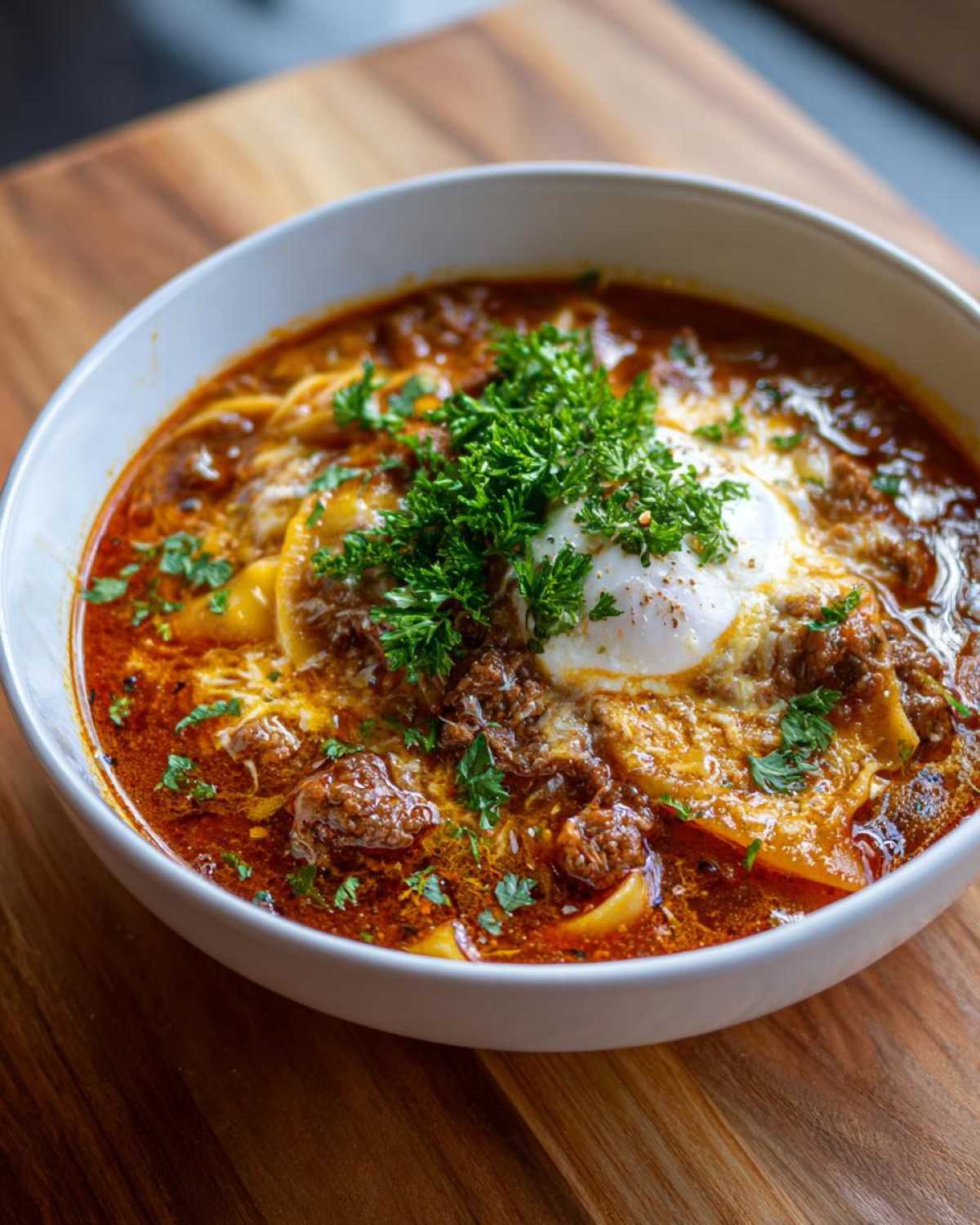 A bowl of lasagna soup topped with a poached egg and fresh parsley. This lasagna soup is a hearty meal.