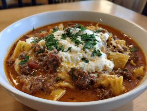 A delicious bowl of lasagna soup, topped with ricotta cheese and fresh parsley. Ready to eat!