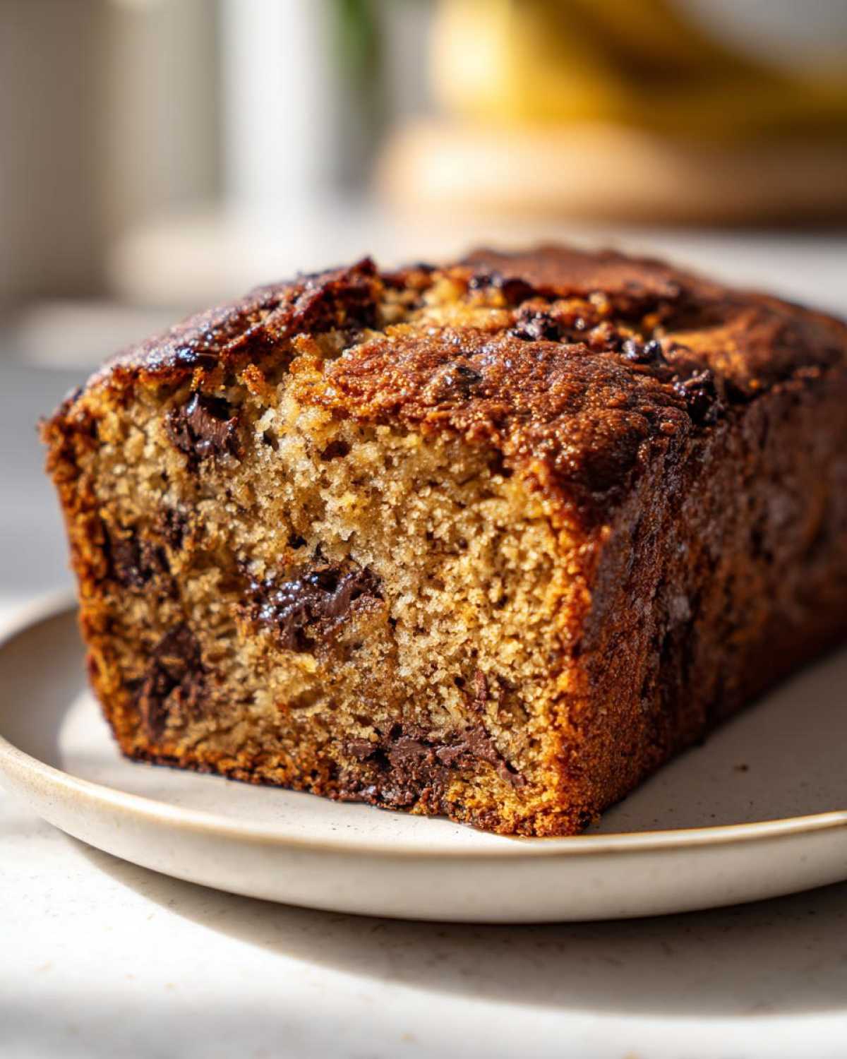 Close-up of a loaf of moist banana bread with chocolate chunks on a plate.