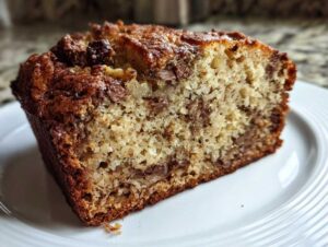 A slice of moist banana bread on a white plate, showcasing its texture and ingredients.