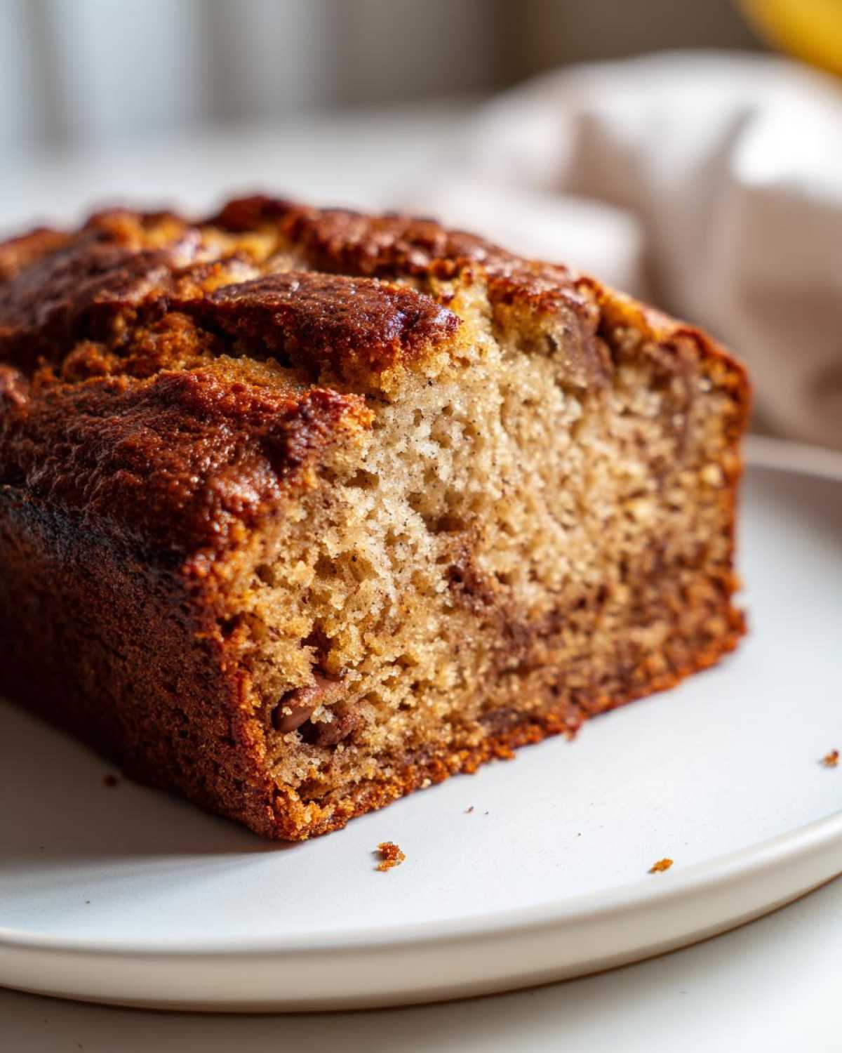 Close-up of a slice of moist banana bread on a white plate, showcasing the texture and color.