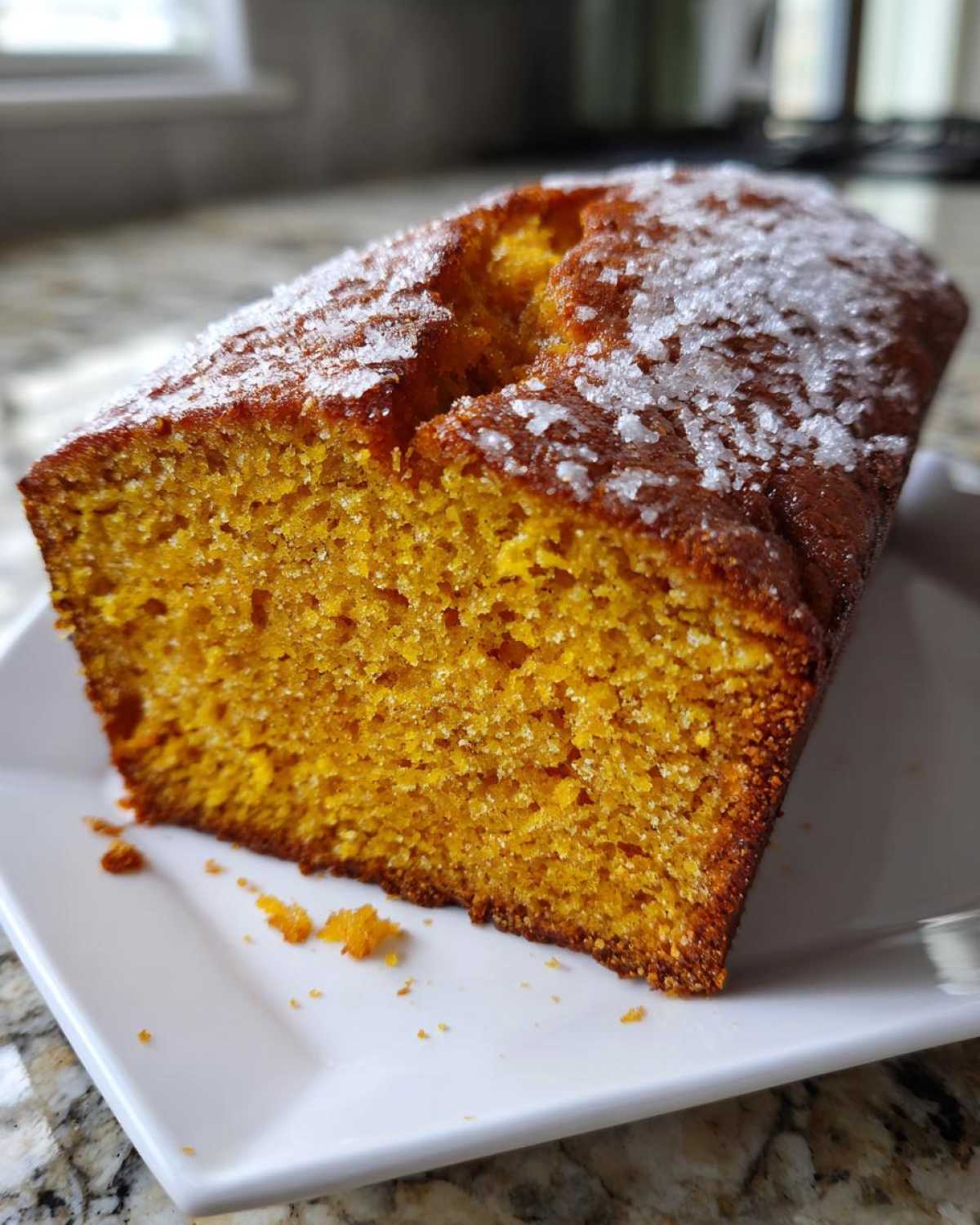 Close-up of a moist pumpkin bread loaf, topped with sparkling sugar, sitting on a white plate.