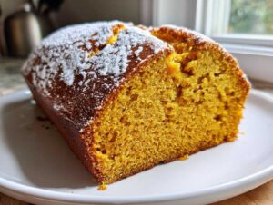 Close-up of a slice of moist pumpkin bread, dusted with powdered sugar on a white plate.
