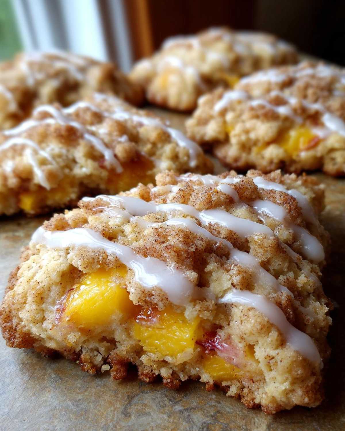 Close-up of a peach cobbler cookie with visible peach chunks, crumb topping, and white icing drizzle. Other cookies are blurred in the background.