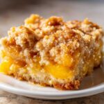 Close-up of a golden-brown slice of peach cobbler dump cake with a crumbly topping and visible peach pieces.