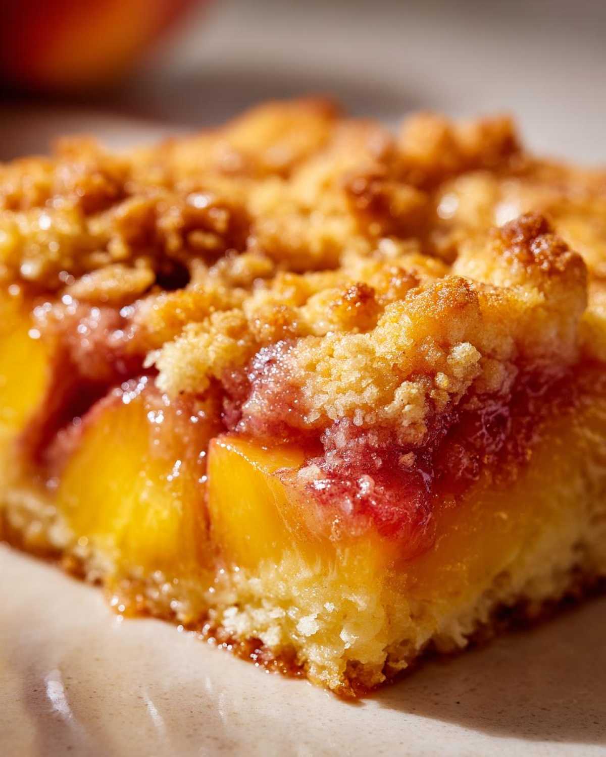 A close-up shot of a slice of peach cobbler dump cake, showing golden-brown crumble topping and juicy peach filling.