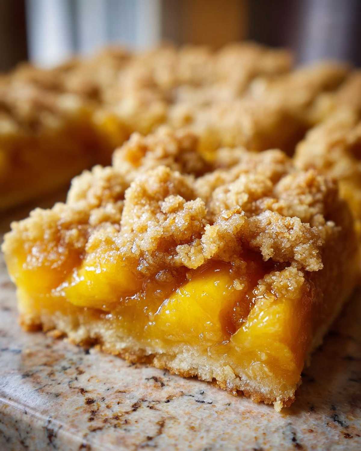A close-up shot of a single slice of peach cobbler dump cake with a golden brown crumb topping and juicy peach filling.