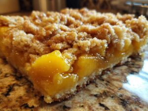 A close-up shot of a golden-brown slice of peach cobbler dump cake with a crumbly topping and visible peach filling.
