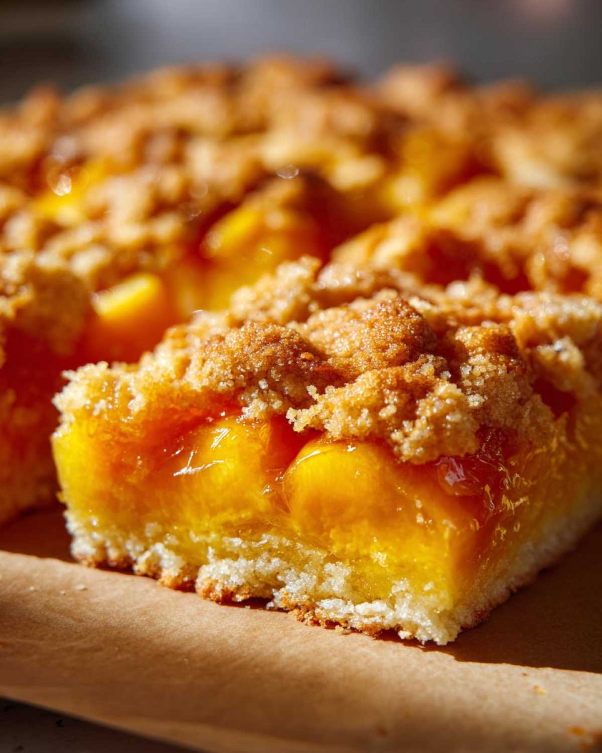 A close-up shot of a golden-brown slice of peach cobbler dump cake with a crumbly topping and juicy peach filling.