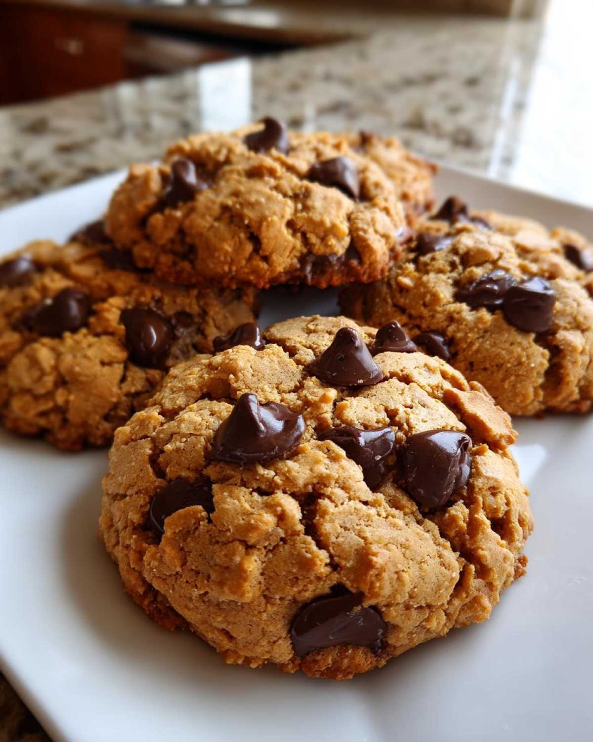A close-up of several freshly baked peanut butter protein cookies with melted chocolate chips on a white plate.
