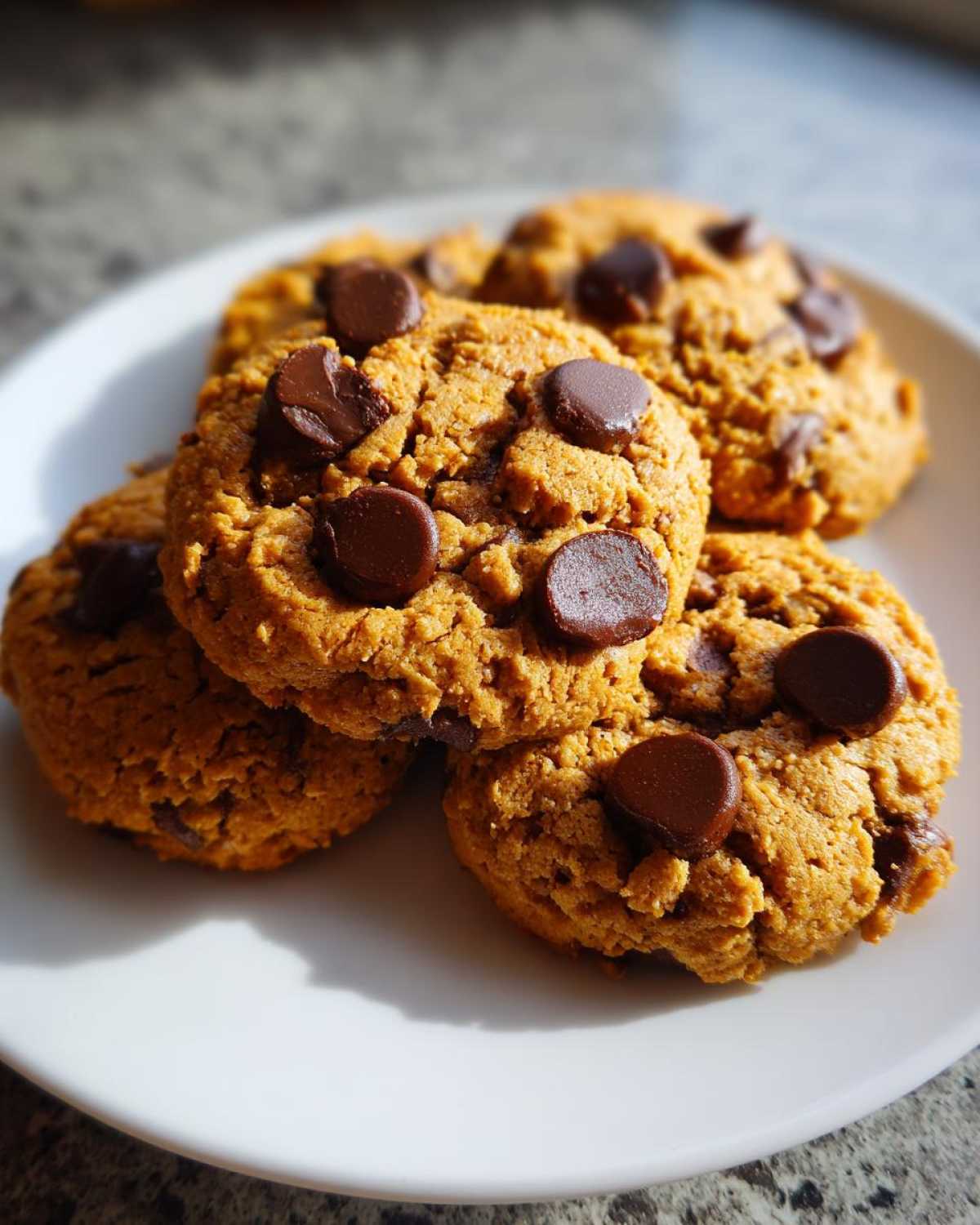 A close-up view of several golden-brown protein cookies with prominent chocolate chips on a white plate.