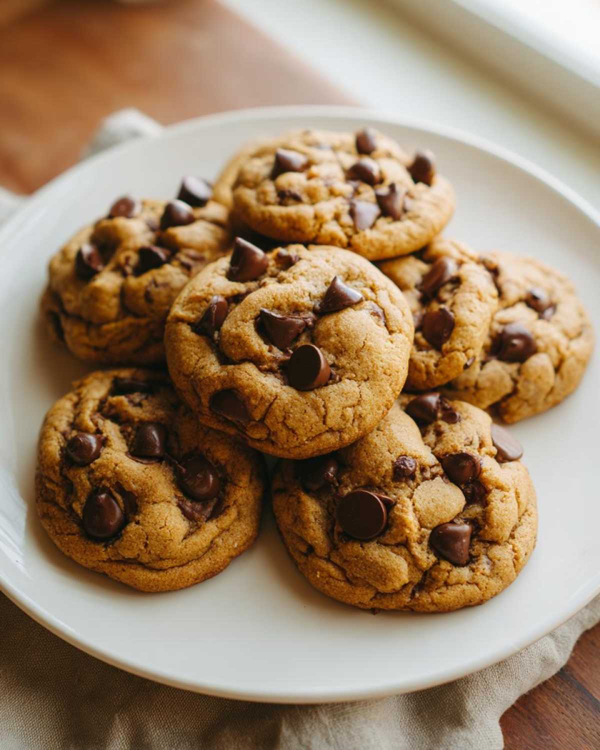 A white plate filled with golden-brown protein chocolate chip cookies, generously studded with chocolate chips.