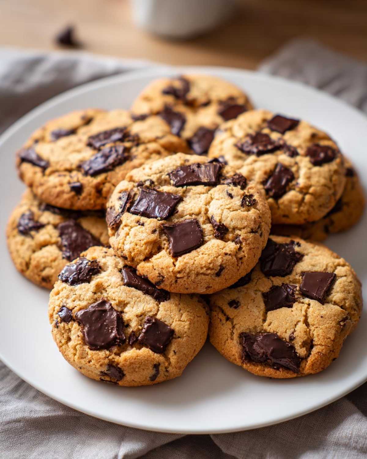 A white plate piled high with golden-brown protein chocolate chip cookies, featuring large chunks of dark chocolate.