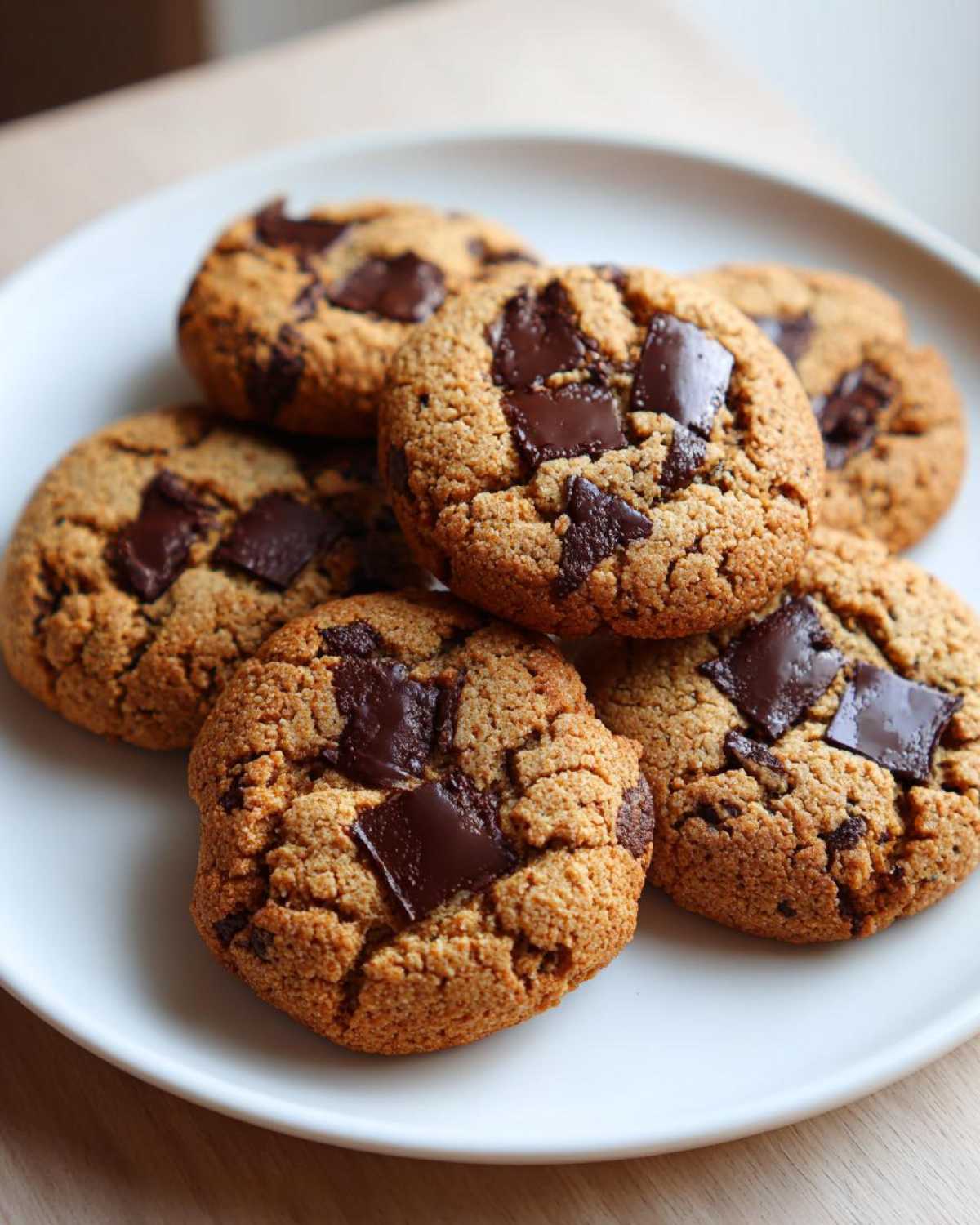 A close-up view of several golden-brown protein chocolate chip cookies with large melted chocolate chunks on a white plate.