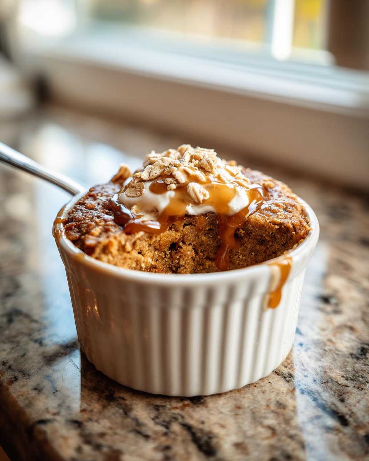 Close-up of protein baked oats in a white ramekin, topped with whipped cream, caramel drizzle, and oats.