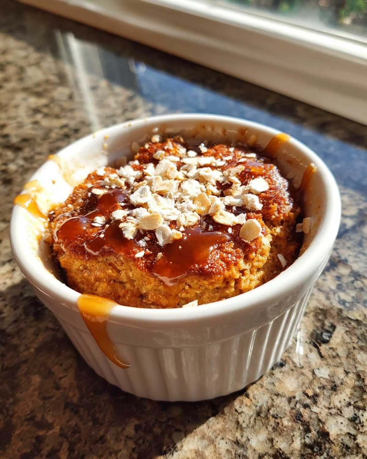 Close-up of protein baked oats in a white ramekin, topped with caramel sauce and rolled oats, with a caramel drip.