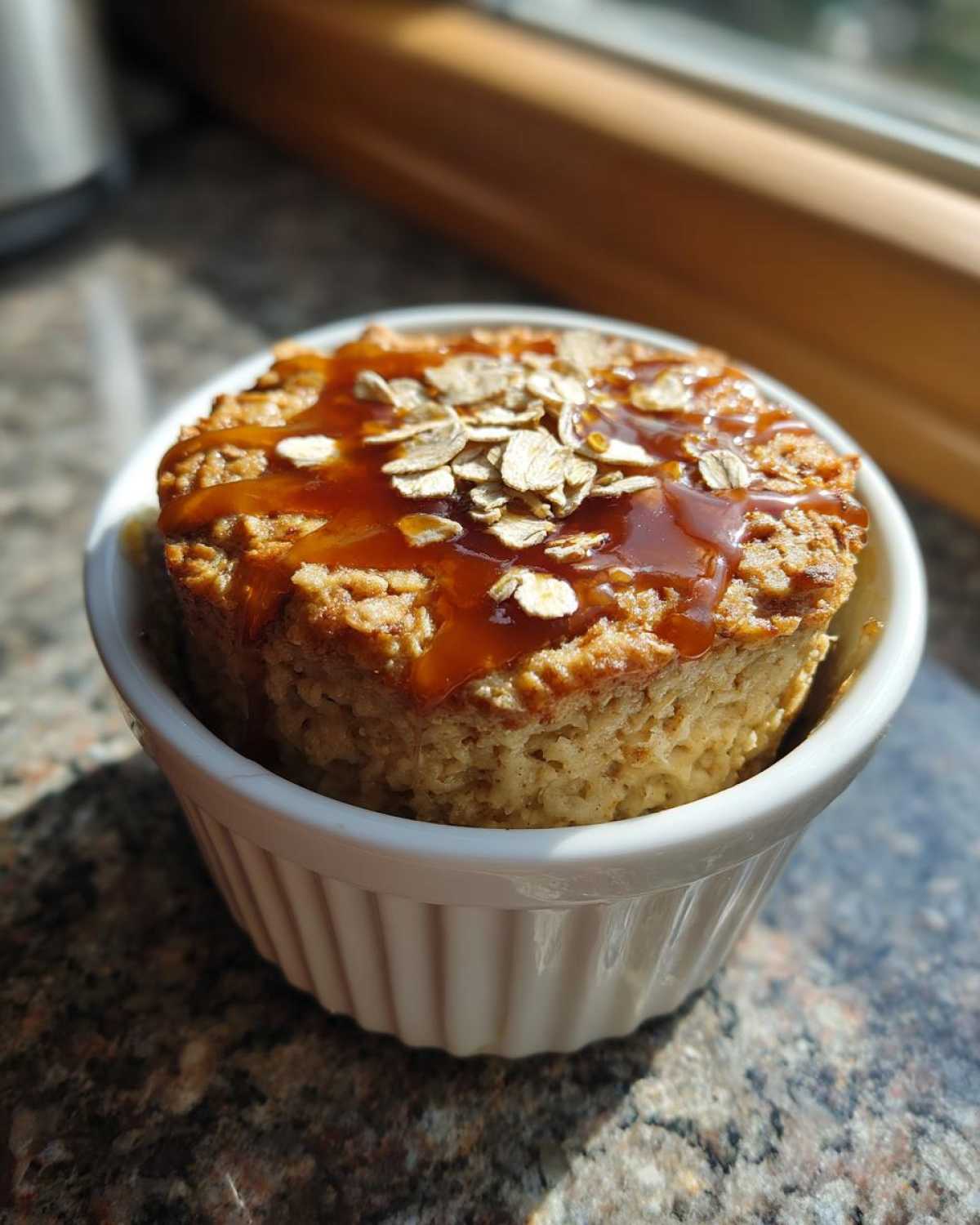 Close-up of a single serving of protein baked oats in a white ramekin, topped with caramel sauce and rolled oats.