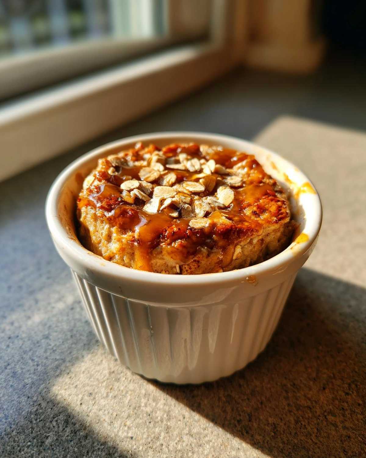 A single serving of protein baked oats in a white ramekin, topped with a caramel drizzle and oat flakes.