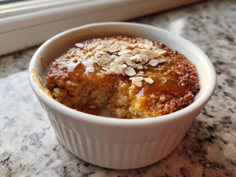 Close-up of protein baked oats in a white ramekin, topped with syrup and rolled oats, with a scoop taken out.