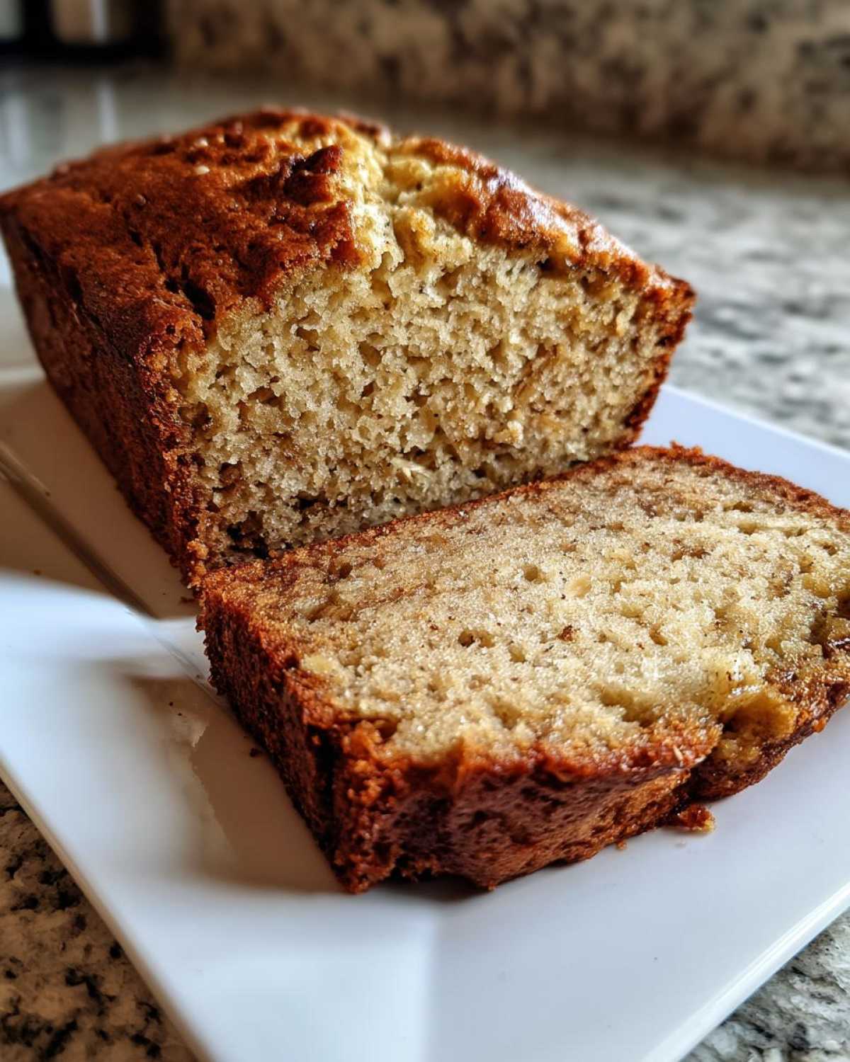 A close-up of a freshly baked loaf of protein banana bread with one slice cut and placed in front.