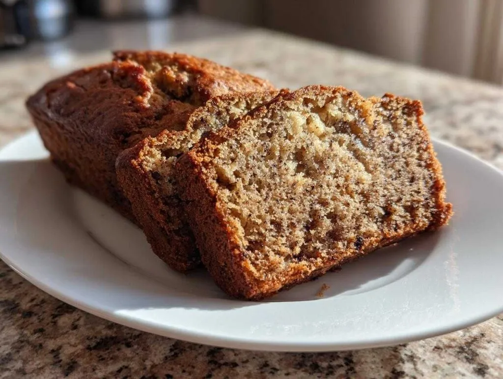 A whole loaf of protein banana bread with two slices cut from it, resting on a white plate in natural light.