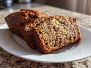 A whole loaf of protein banana bread with two slices cut from it, resting on a white plate in natural light.