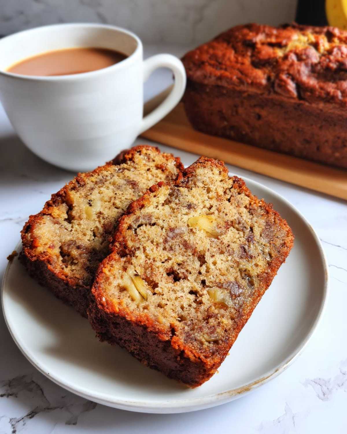 Two moist slices of protein banana bread on a white plate, with a cup of coffee and a loaf of banana bread in the background.
