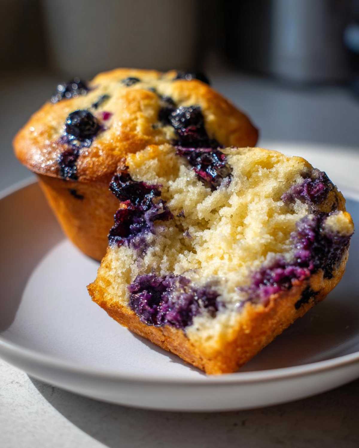Close-up of a whole protein blueberry muffin and a half-eaten one on a white plate, showing the fluffy texture and juicy blueberries inside.