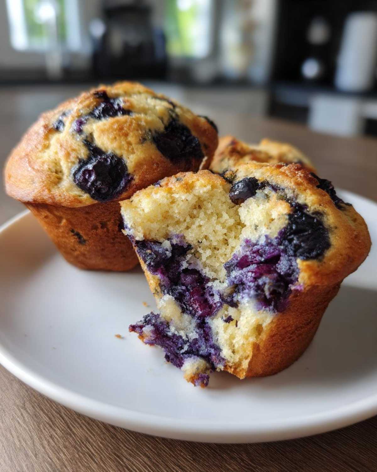 Close-up of two protein blueberry muffins on a white plate, one with a bite taken out showing the fluffy interior and blueberries.