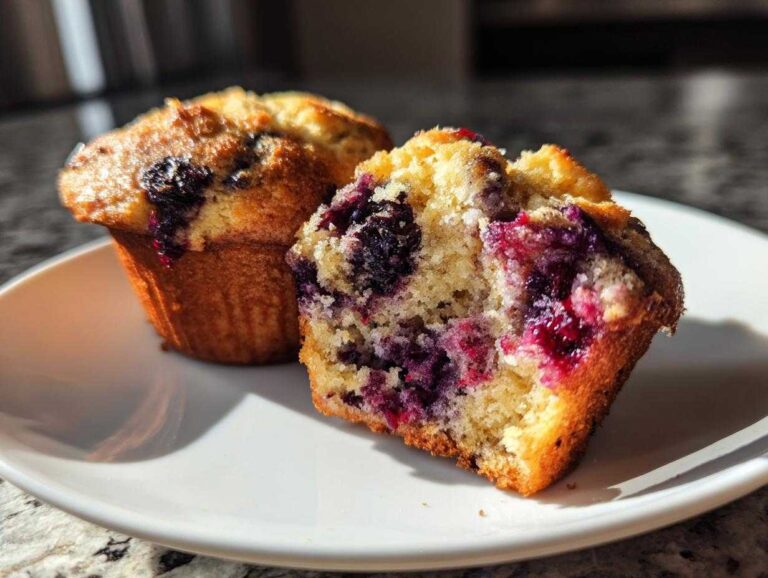 Two golden-brown protein blueberry muffins on a white plate, one whole and one cut in half revealing juicy blueberries.