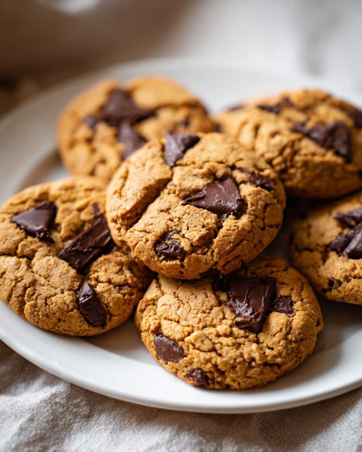 A close-up shot of several golden-brown protein chocolate chip cookies with melted chocolate chunks on a white plate.