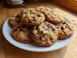 A white plate filled with golden-brown protein chocolate chip cookies, featuring melted chocolate chips and a slightly crinkled texture.
