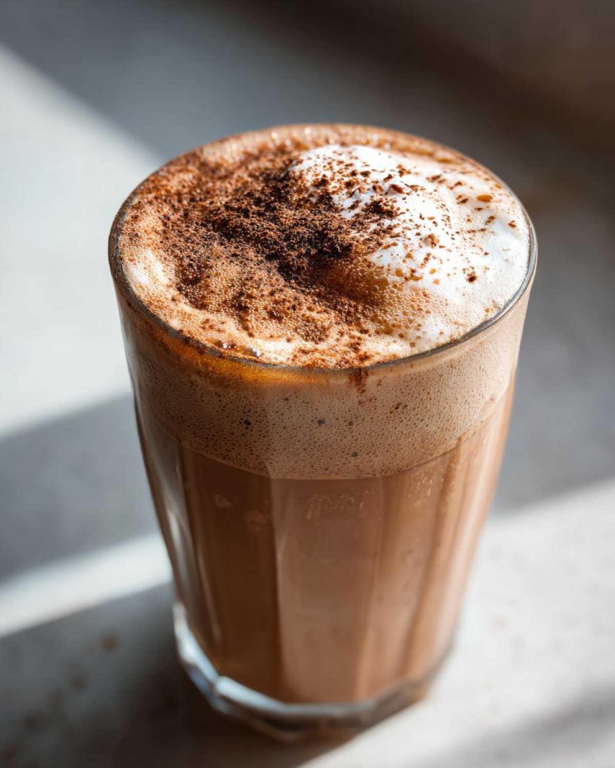 Close-up of a glass of protein coffee topped with frothy foam and a sprinkle of cocoa powder, bathed in natural light.