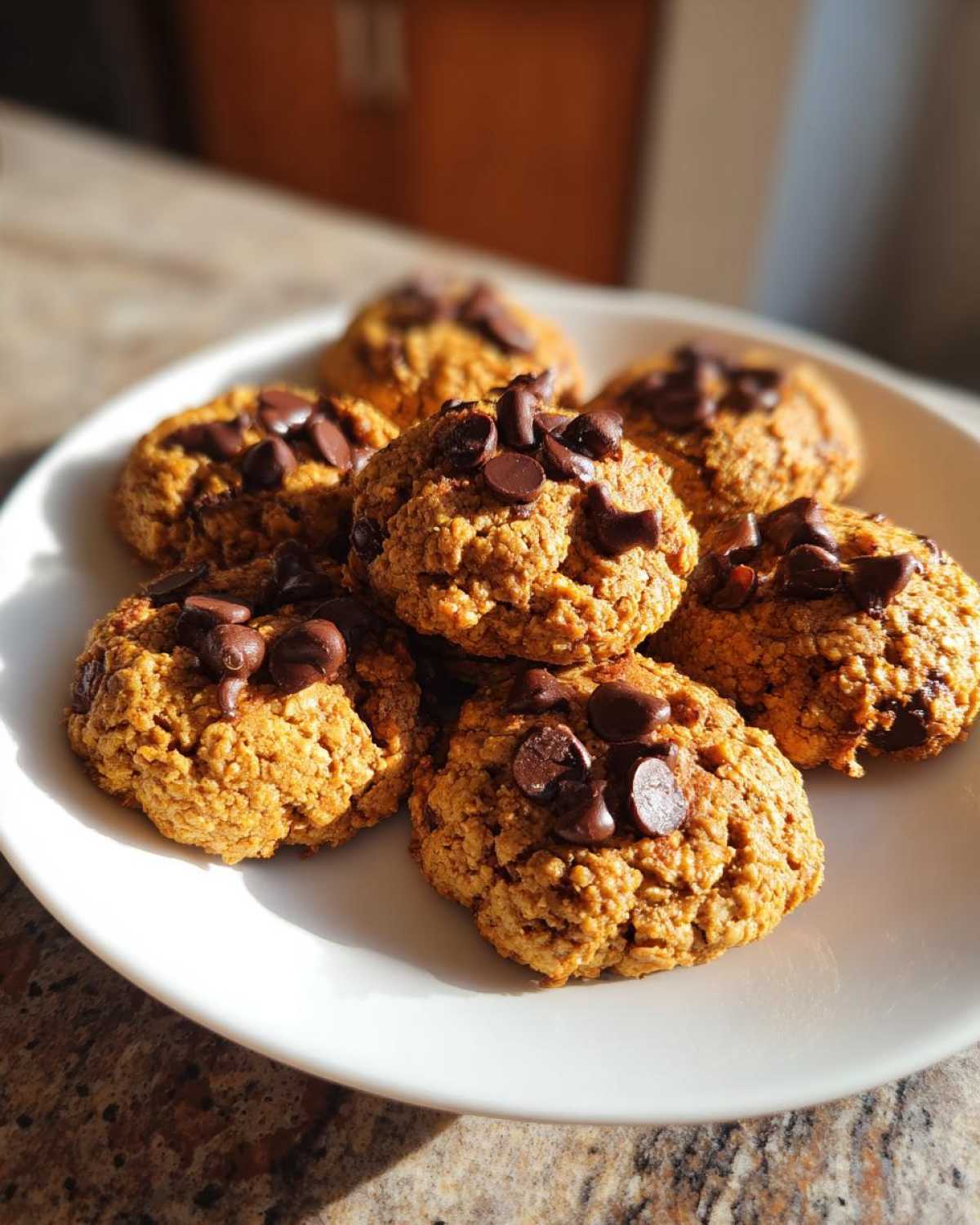 A close-up view of several golden-brown protein cookies topped with chocolate chips on a white plate.