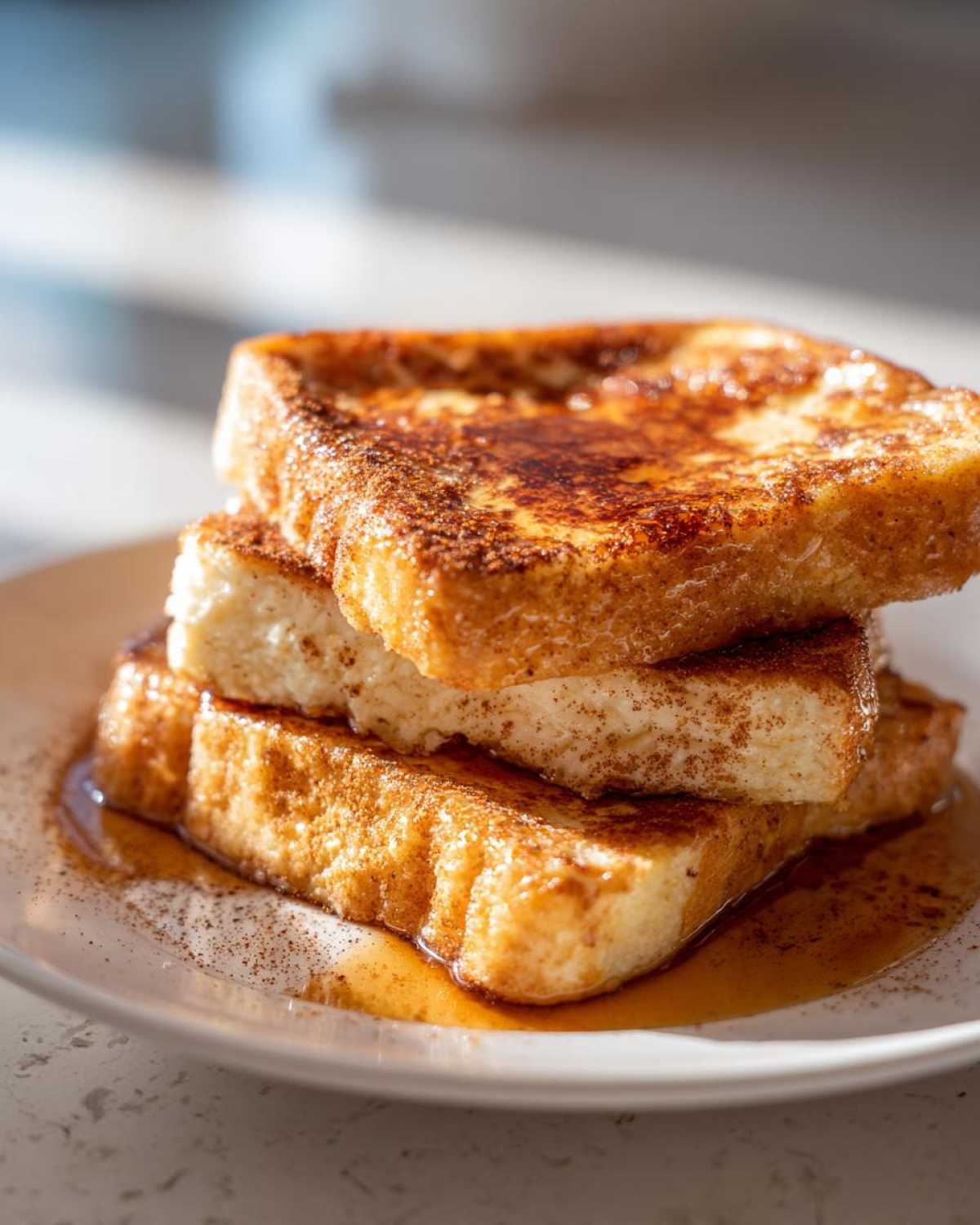 A close-up of a stack of three golden-brown protein french toast slices, drizzled with syrup and sprinkled with cinnamon.