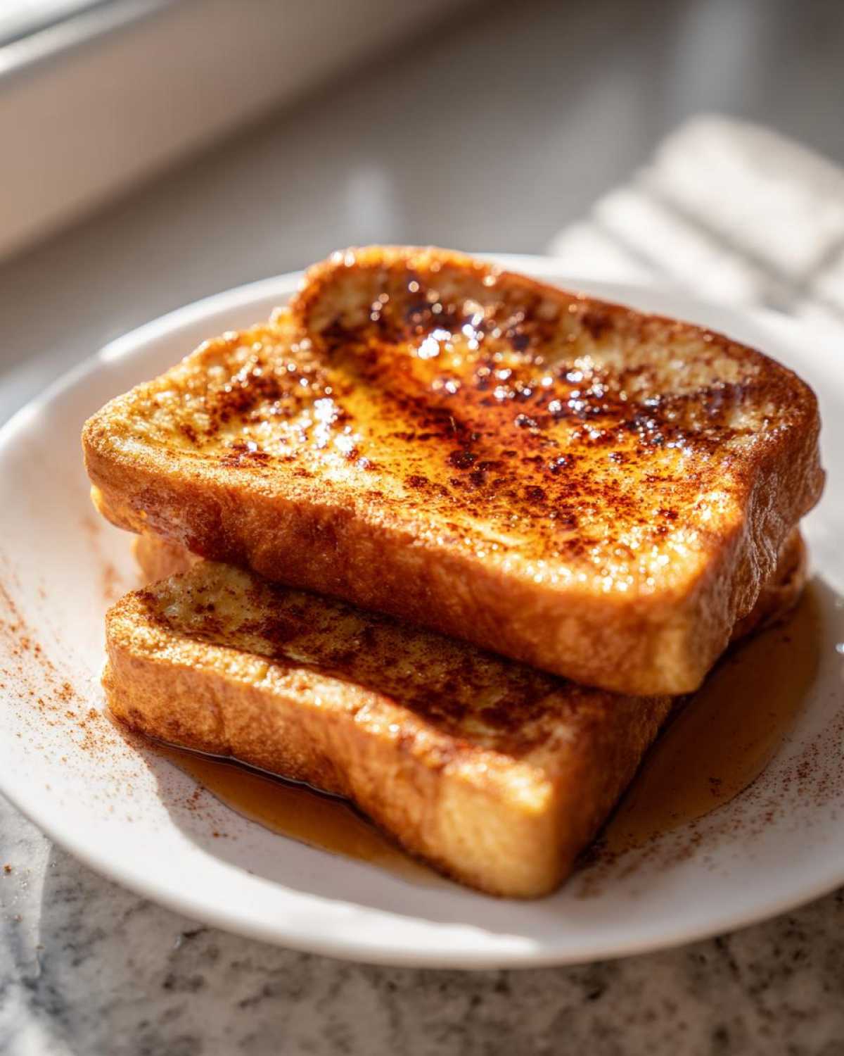 Two slices of golden-brown protein french toast stacked on a white plate, drizzled with syrup and sprinkled with cinnamon.