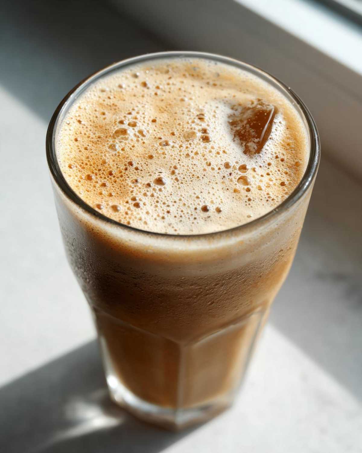 Close-up of a glass of frothy protein iced coffee with an ice cube, showing condensation on the glass.