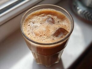 Close-up of a glass of protein iced coffee with ice cubes and a frothy top, sitting on a sunlit surface.