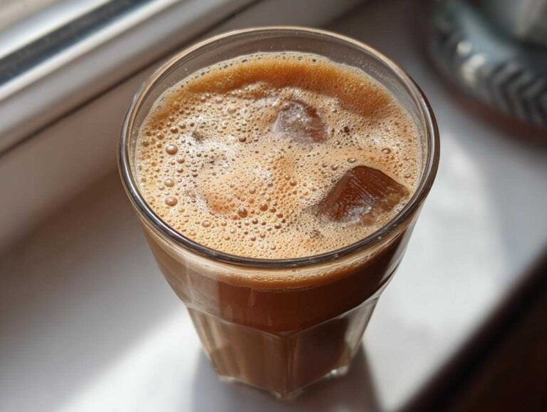 Close-up of a glass of protein iced coffee with ice cubes and a frothy top, sitting on a sunlit surface.