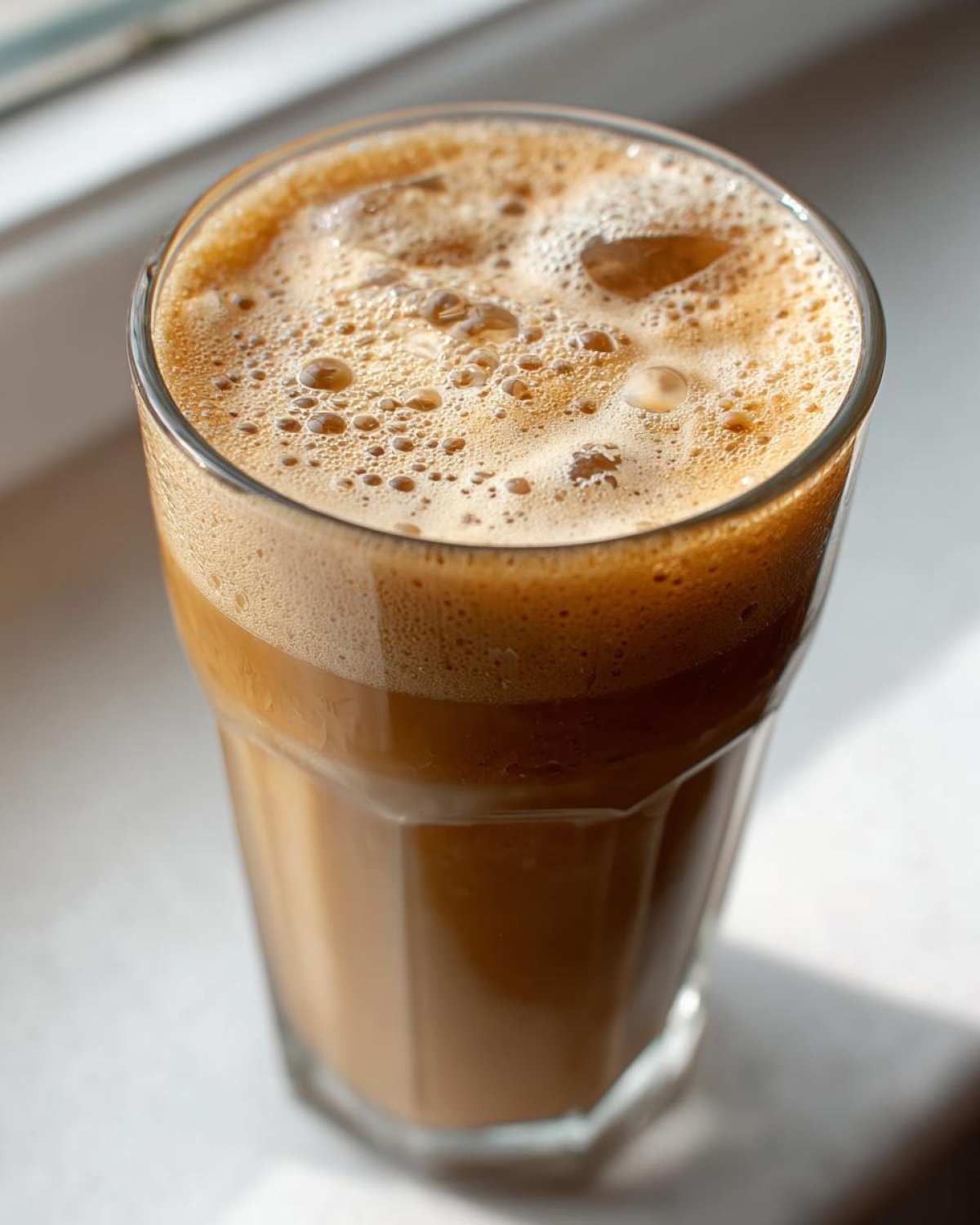 Close-up of a tall glass filled with a frothy protein iced coffee, showing the rich brown color and foam on top.