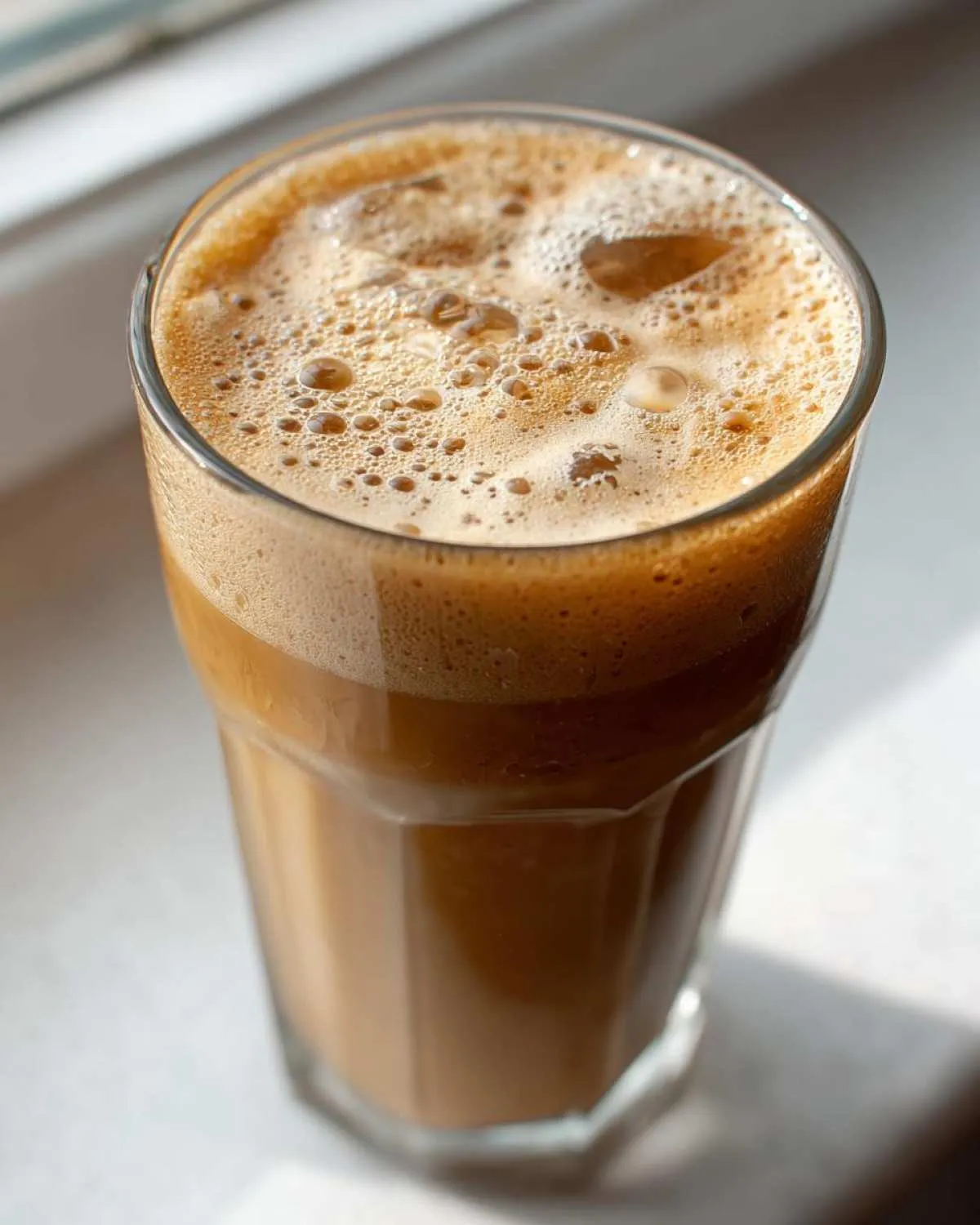 Close-up of a tall glass filled with a frothy protein iced coffee, showing the rich brown color and foam on top.