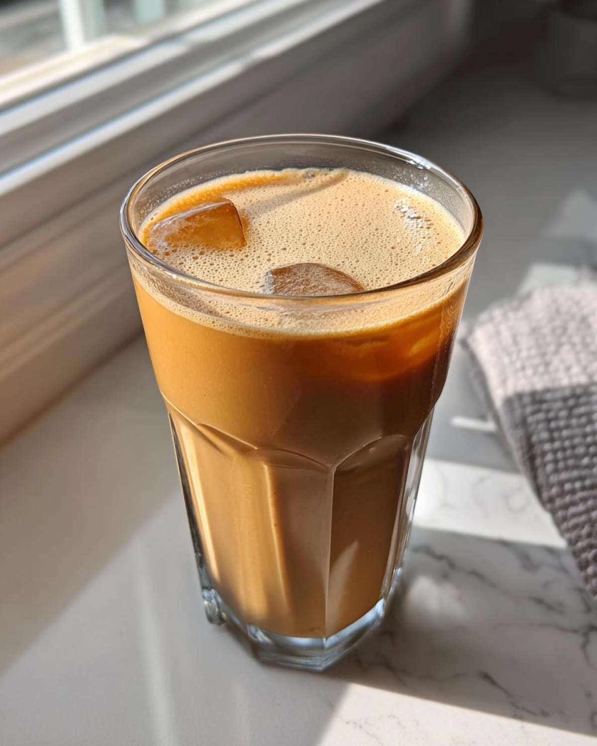 A tall glass of protein iced coffee with ice cubes and a frothy top, sitting on a sunlit counter.