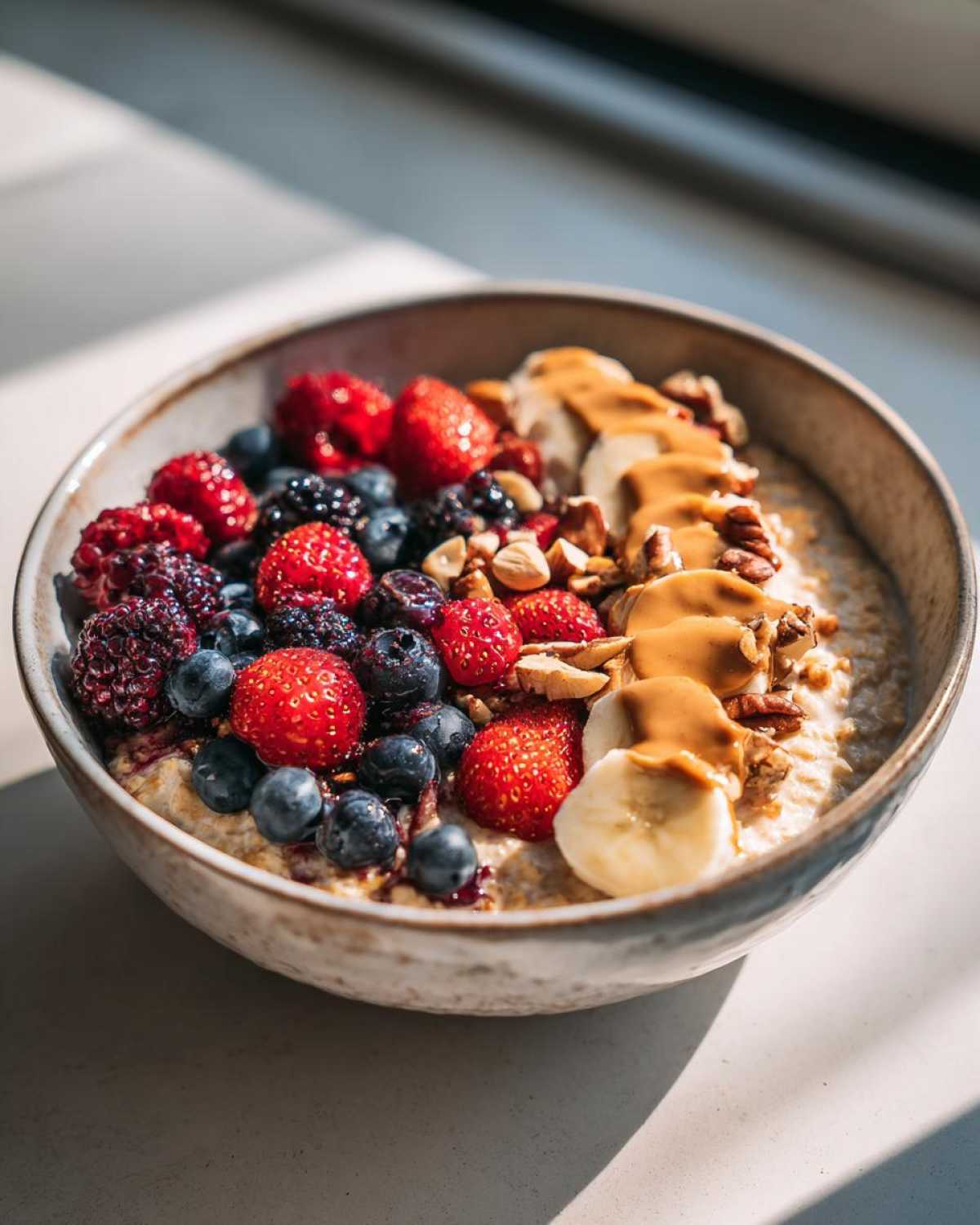 A close-up of a bowl of protein oatmeal topped with fresh mixed berries, sliced banana, nuts, and a drizzle of peanut butter.