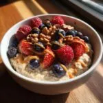 A close-up of a white bowl filled with creamy protein oatmeal, topped with fresh raspberries, blueberries, sliced strawberries, walnuts, and a drizzle of peanut butter.